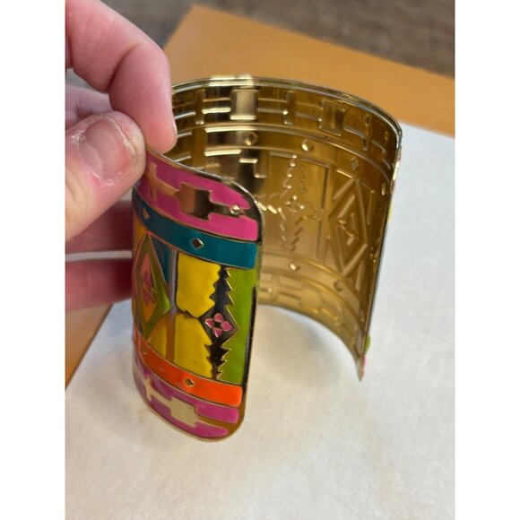Colorful Geometric Wide Cuff Bracelet With Gold-Tone Interior & Enamel Overlay - - Picture 3 of 8